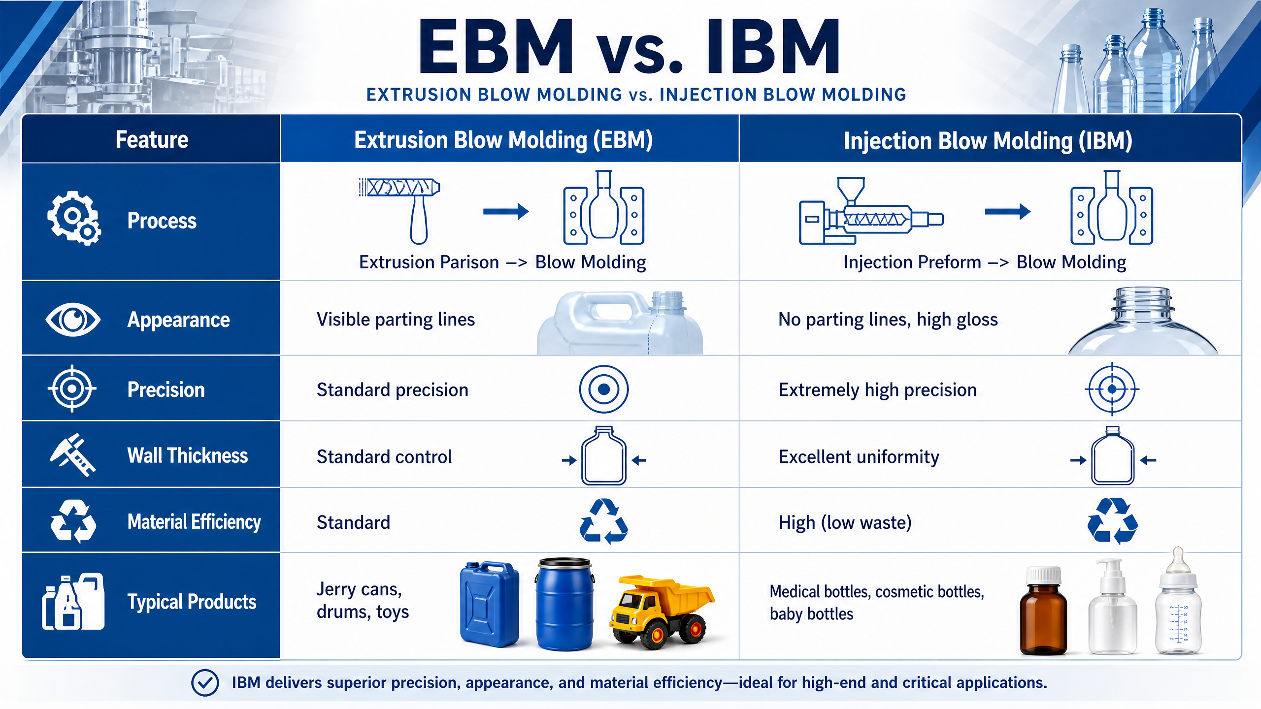 Últimos blogs da empresa sobre EBM ou IBM? Um Guia Profissional para Escolher o Melhor Processo de Moldagem por Sopro